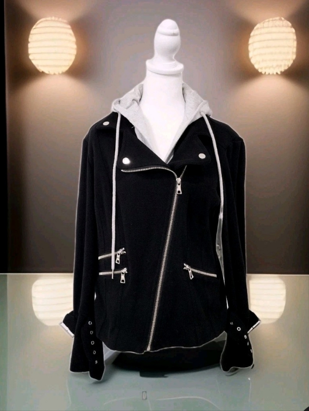INC International Concepts Black Hooded Moto-Style Jacket with Gray Hood SzM